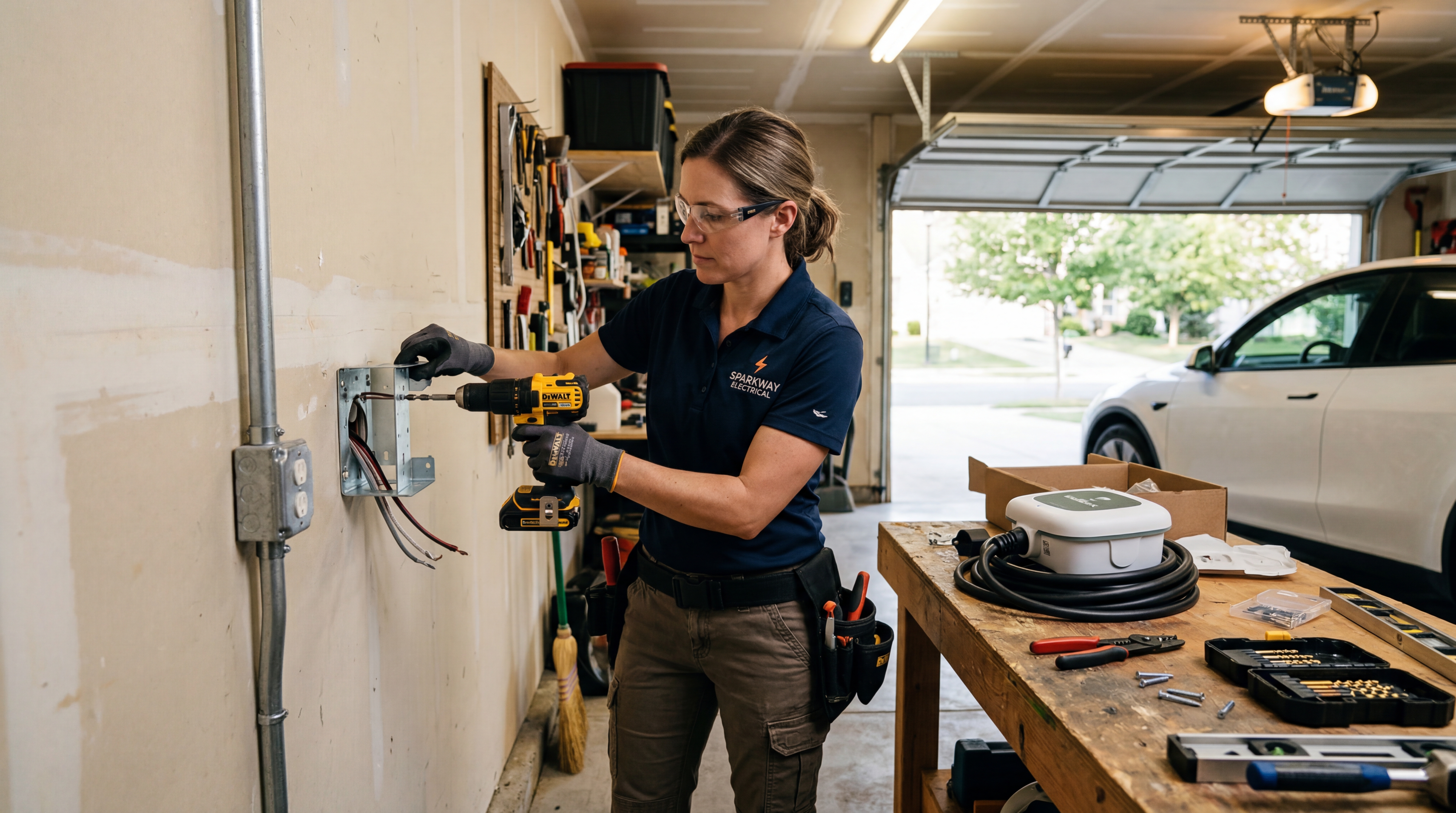Electrician installing a Level 2 EV charger on a home garage wall