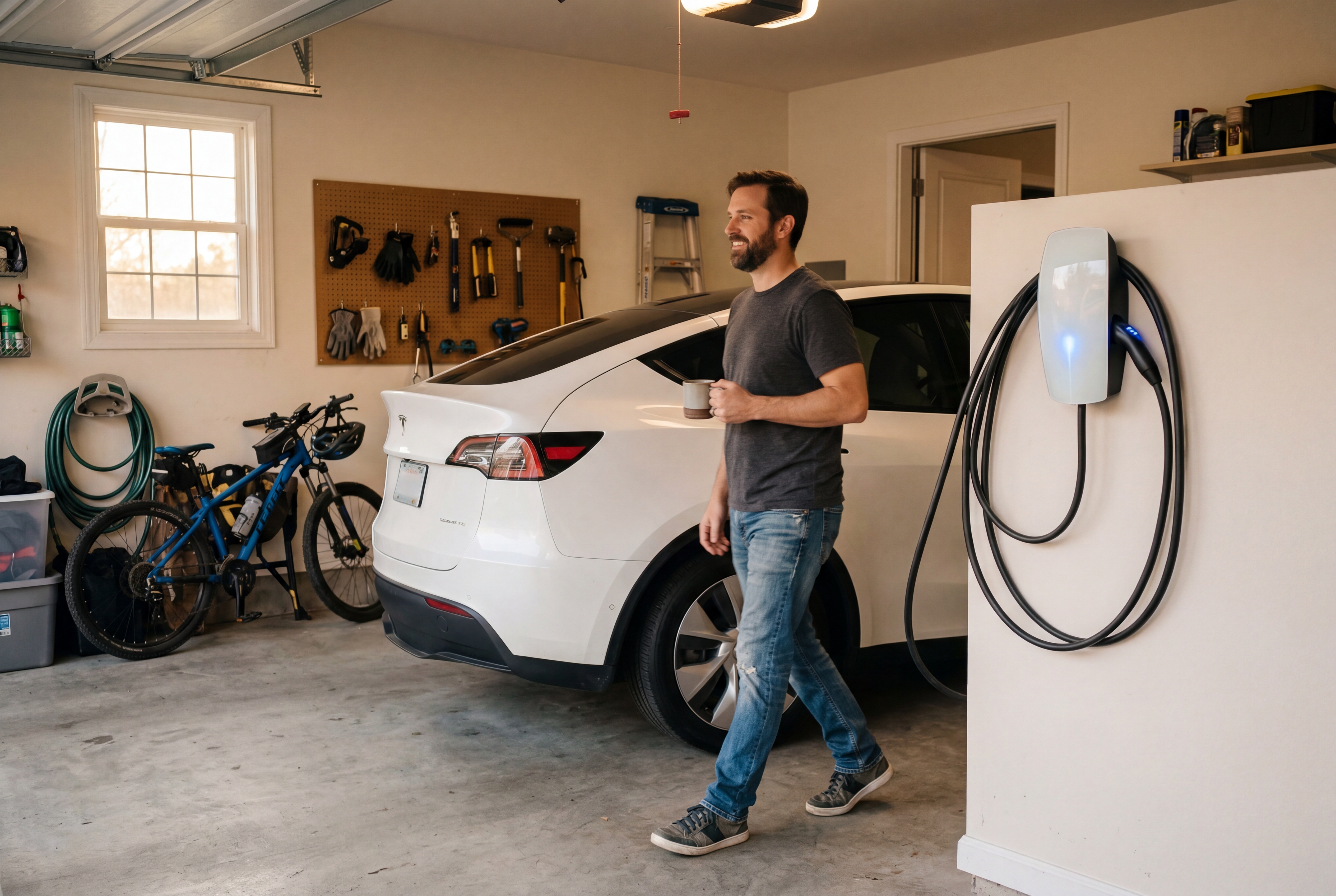 Homeowner walking past EV charging in garage — effortless home charging